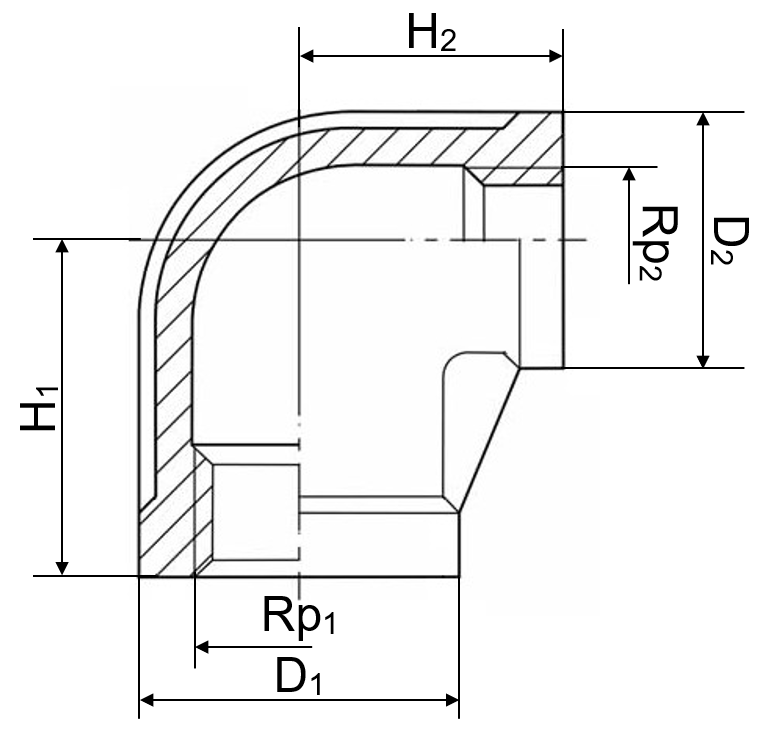 Winkel 90° IG/IG reduziert 1.4408 1 1/2" x 1 1/4"